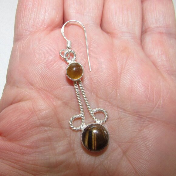 Silver Tiger Eye & Citrine Stone Earrings - Picture 3 of 3